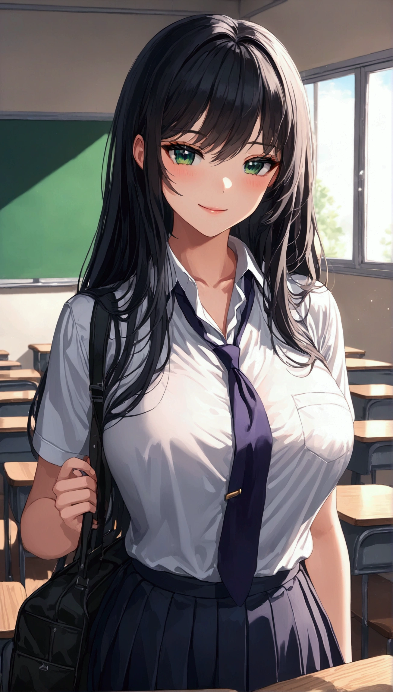 (cute eyes), (8K、Best image quality、highest quality、masterpiece)、Detailed face、Improve、(Black Hair, Purple Eyes, long hair)、(open mouth), (embarrassed), (skinny body),(medium breasts), (school uniform), (cleavage), Sit on a chair, Classroom Background, (black stockings), (Thighs), (Waistline)