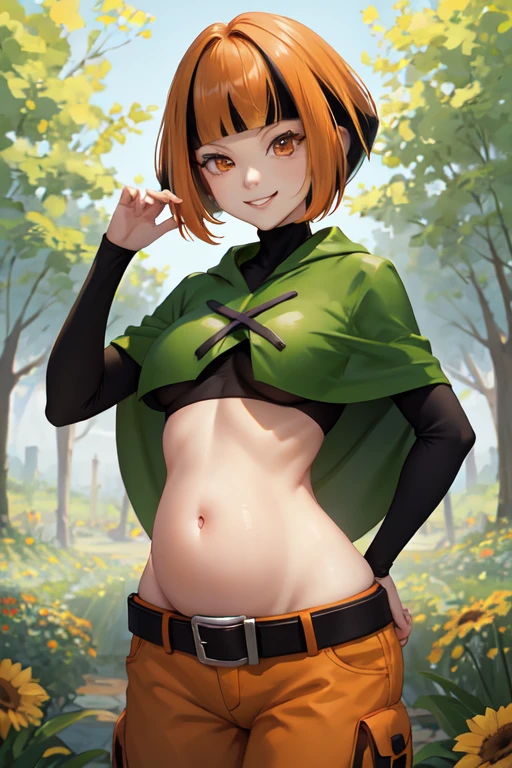 masterpiece, best quality, 1 pregnant girl  natane, multicolored hair, green capelet, black shirt, long sleeves, midriff, belt, orange shorts, large breasts, upper body, smile, looking at viewer, third trimester of pregnancy, garden, flowers, trees, blue sky