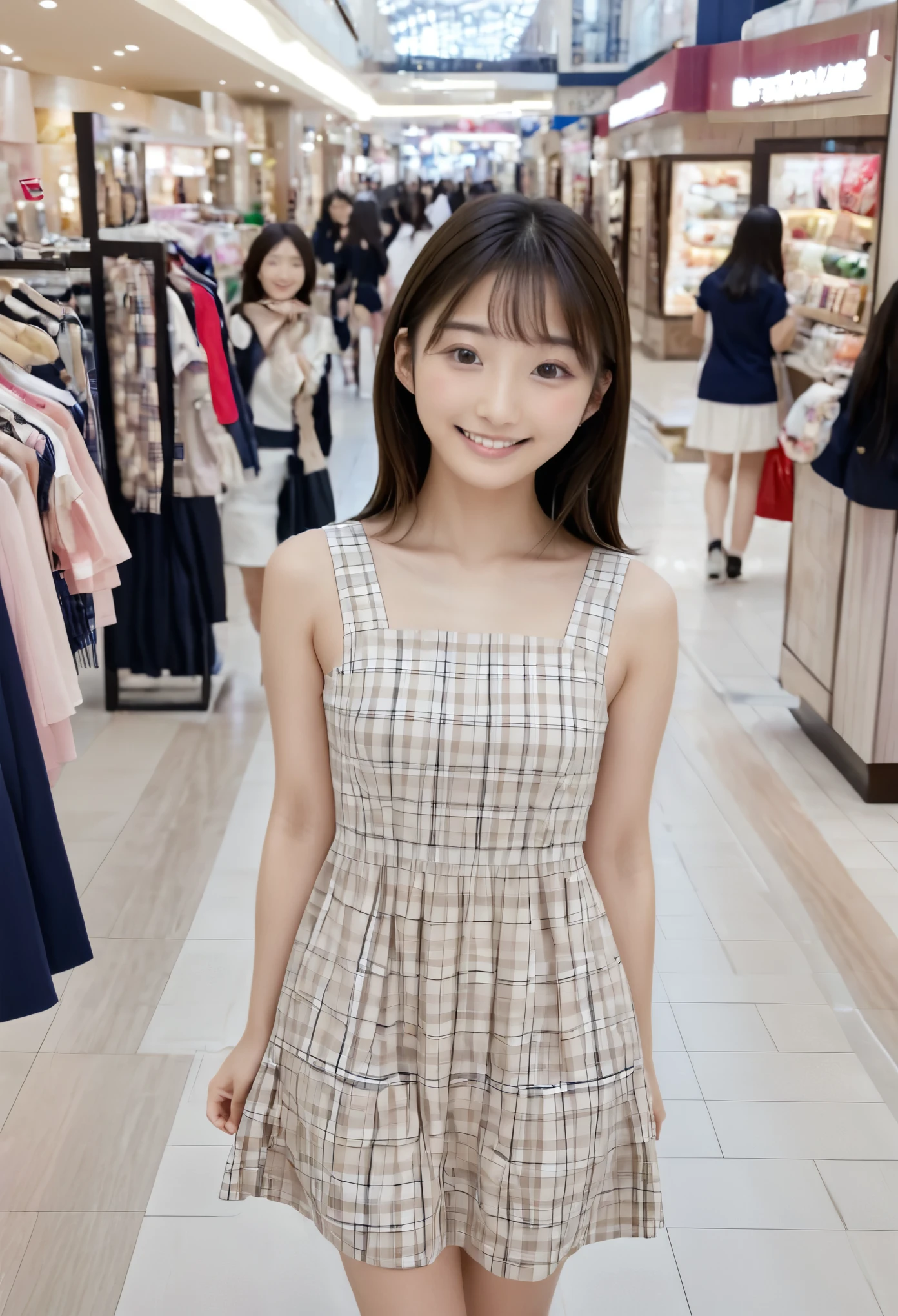 masterpiece , Best Quality , Japanese、Young、Cute face , symmetrical clear eyes:1.3) , Small breasts、Slender body、Clear smile、 shopping mall、beige and white plaid dress、 fun vibe、Enjoy Shopping