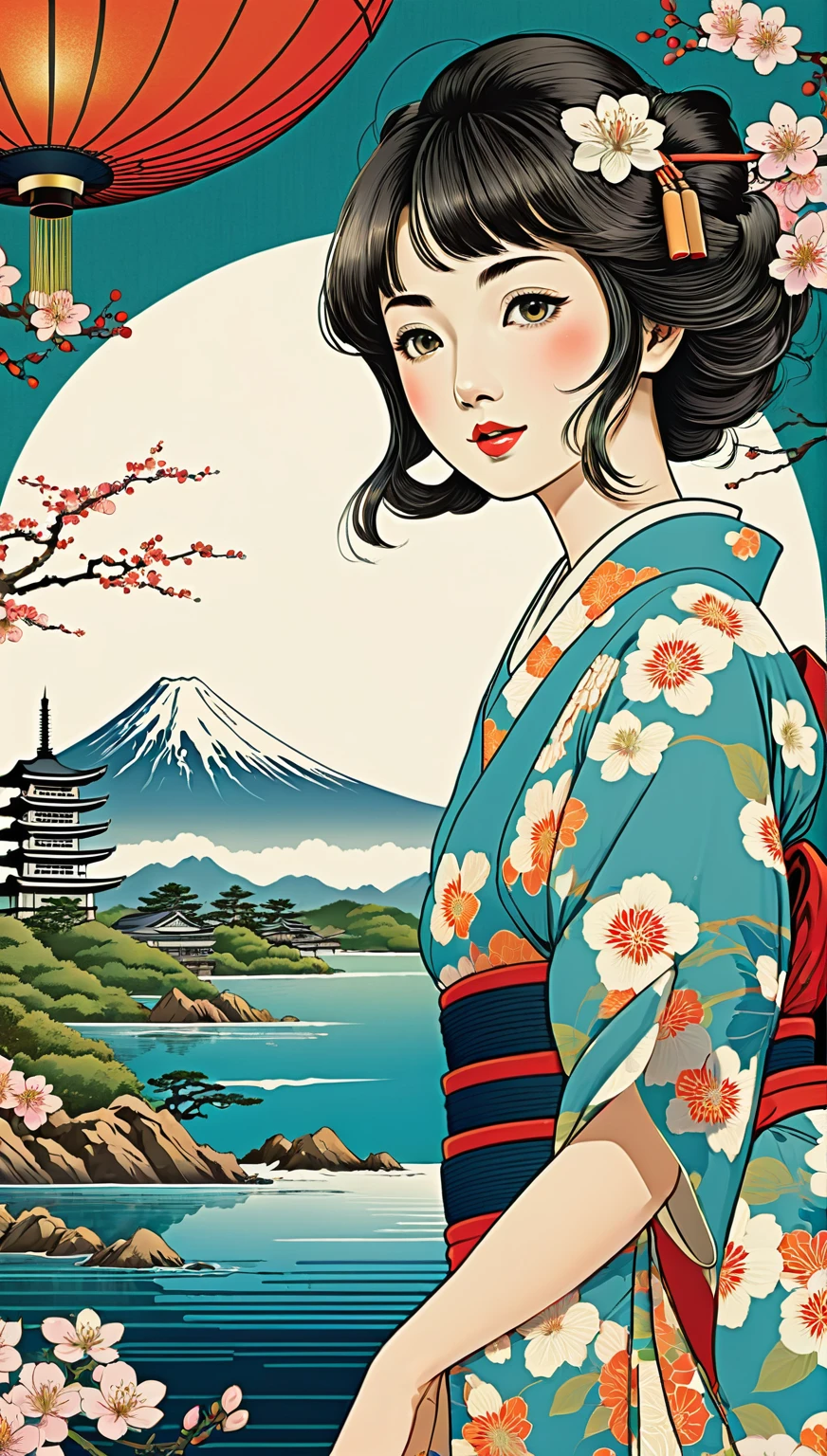 Art vintage japonais, Conception de t-shirts, Art vectoriel, plat d'Art:1,4. \\ (japonaise, en kimono, best quality, Art officiel, Beaucoup de couleurs, couleurs du japon, ukiyo-e, le mont fuji, fleurs de cerisier, bare shoulders, belles formes,: 1.2