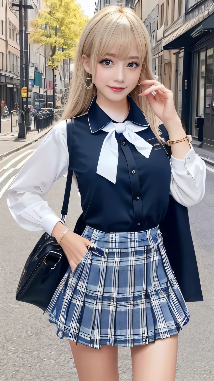 masterpiece, whole body, One Girl, bangs, (Checkered blue mini skirt:1.3), black choker, (black tie:1.4), (blonde hair:1.1), bracelet, Chest, choker, Cosplay, waist, clavicle, (Collared shirt:1.3), cowboy shot, dress shirt, Earrings, Eyebrows visible through hair, Gradient Hair , jewelry , Kawaii fashion, gal fashion, Long Hair, viewers, Check pattern, (amber eyes:1.2), ring, , shirt, skirt, (smile:1.1), Alone, white shirt, street, street tree, Young leaves,shape,Vibrant, costume, stop temporarily, colorful, dynamic, background, element, Be confident, performance, holding, statement, accessories, Majestic, Swirl, Surrounding Area, touch, scene, Get noticed, stylish, big, Impressive, Contemporary, tendency, concentrate, Model body type