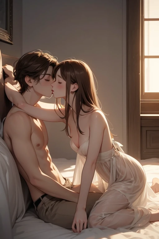 Young boy and woman passionately making out, kissing, lips touching, hugging tight, both blushing intensely, eyes closed, in bed, night time, candles lit