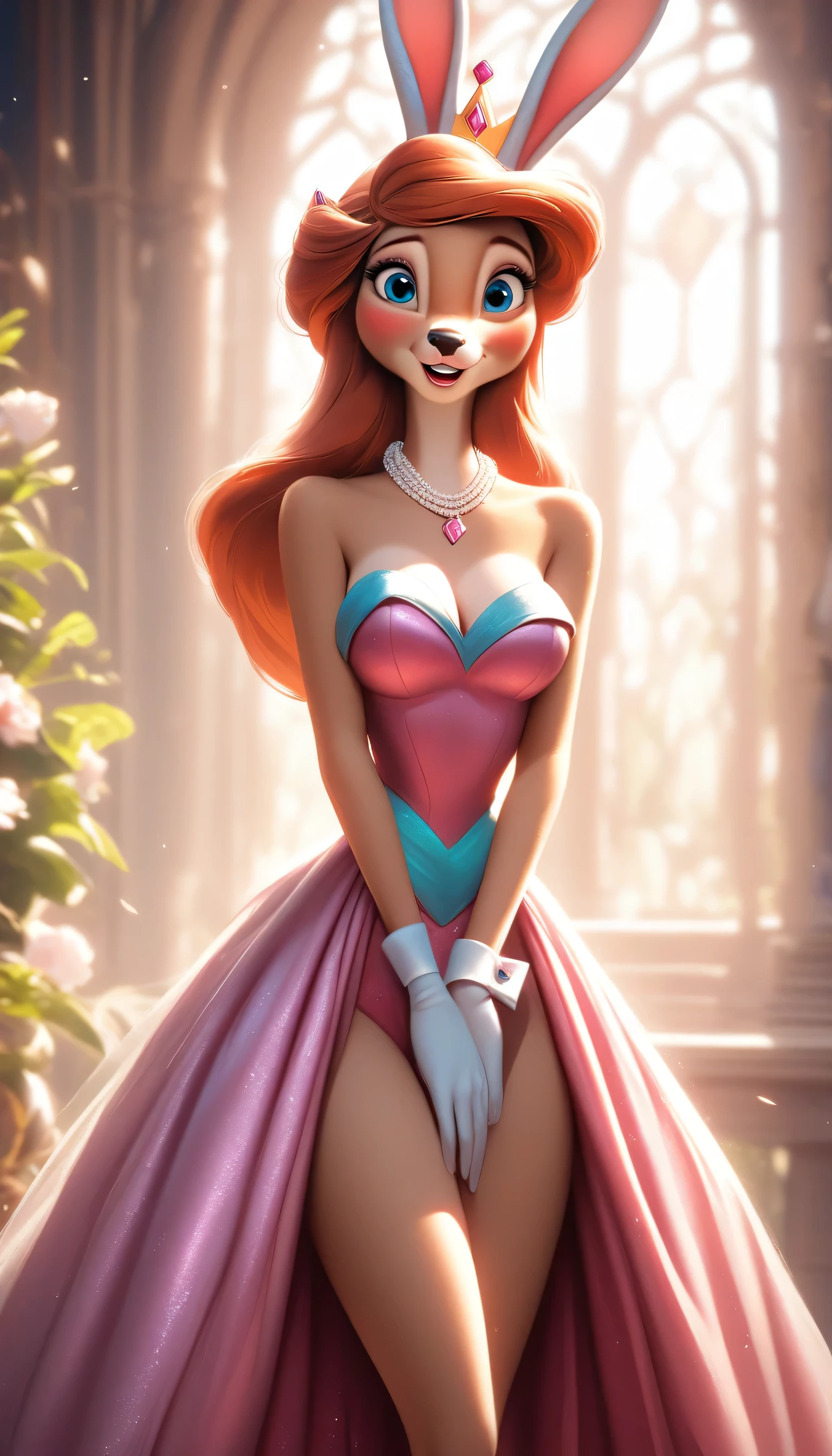 score_9, score_8_up, score_7_up, source_furry deer, A beautiful, (masterpiece), high quality, perfect lighting, highly detailed CG Unity 8k wallpaper, high resolution, perfect lighting, youthful, adolescent, slim but big boobs, frail slender figure, distinctly feminine figure, narrow hips, big plump breasts, close-up shot, detailed face, youthful, tall, slim, anthropomorphic dbunny, expressive facial, distinctly feminine figure, thick, fuzzy, fluffy, volumetric golden-brown and white fur, long legs, fallen, vulnerable pose, embarrassed, nip slip, dominated, blushing, wearing cutting-edge biotech dress, living plant elements, simple blackground, feeling of innovation and artistry, big boobs, sharp blue eye, pink blush on cheeks, most gorgeous, long hair like Disney Queen, she wearing crown, she also wearing ariel, Disney Queen dress aroura, large hanging boobs, happy face Disney animal bunny, bunny skin texture, beautiful bunny furry, she wearing diamond necklace, she dressed gown standing the gown covering her legs long gown,