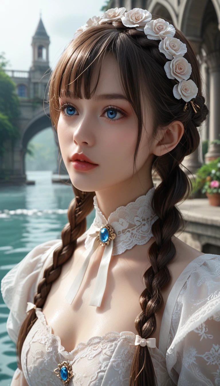  score_9,  score_8_up,  score_7_up,  1 girl, Alone, close-up, A beautiful vampire standing under a marble arch , White bread,  is staring at viewers,  exquisite victorian black lace dress, Victorian, Dark atmosphere,  Foggy ,  Detailed Blue Eyes , Detailed lips, (Braided Hair,  short bang in full body water, Brown Hair:1.2)
