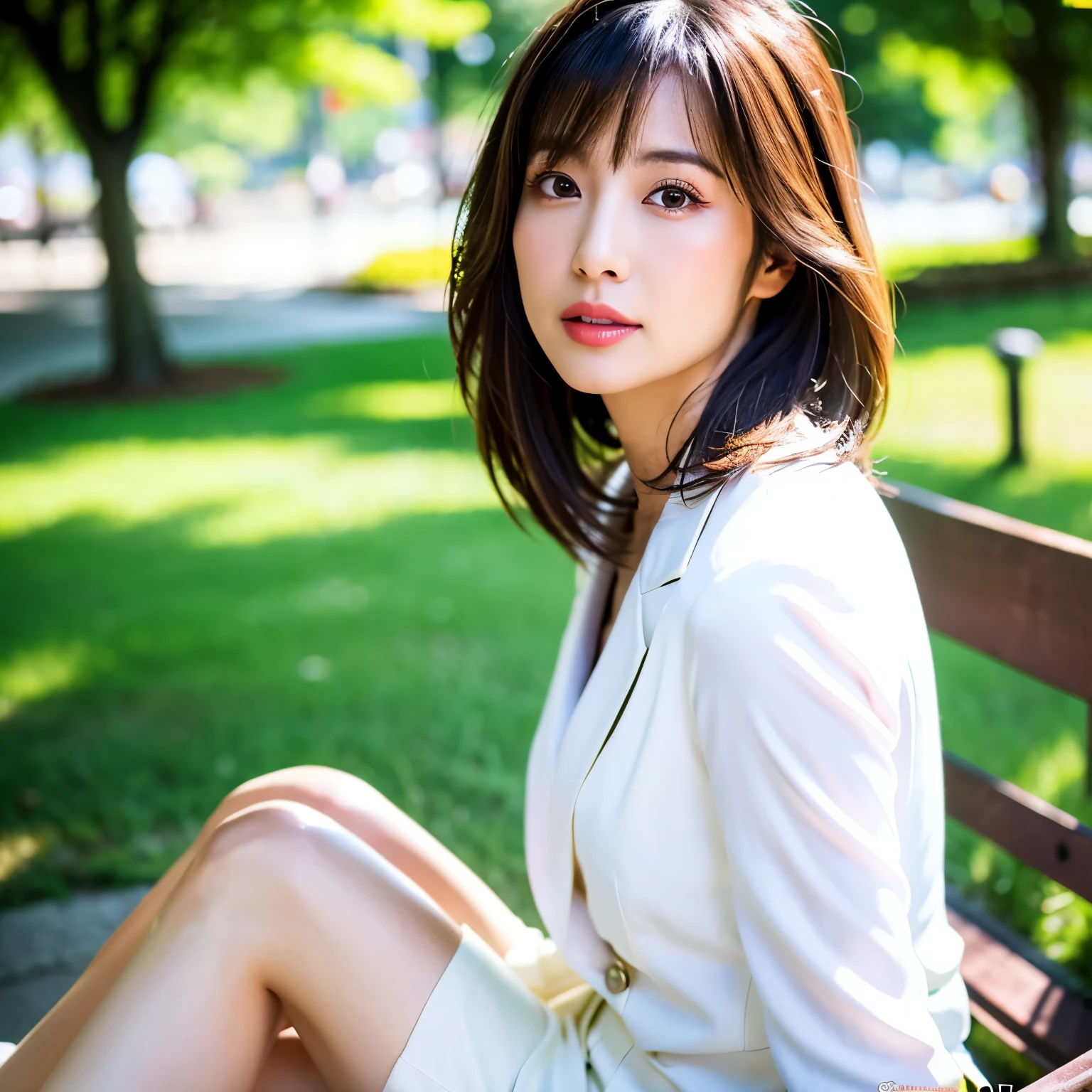 (of the highest quality, 8K, 32K, masutepiece, hyper HD: 1.2), 1 girl, Beautiful Japan 18 year old woman, Beautiful Minami Tanaka、Minami Tanaka, 18 years old、White blouses、thin waist, Shiny skin, of the highest quality, Photorealistic , Sunny park in the background、park bench、8K, High Definition, poneyTail、, Female, (medium breasts: 1.8), Pubic hair visible, spread legs,show panties,white panties,, , Skirt boldly pulled up, (((Bench sitting with legs wide open)), Bend your knees and open your legs, slightly shorter hairstyle, white panties、Suits, Open jacket, Office Lady, Suit, Mini skirt, , (Spread legs: 1.2), Fine face, Short hair, Rain on her face, Mouth open