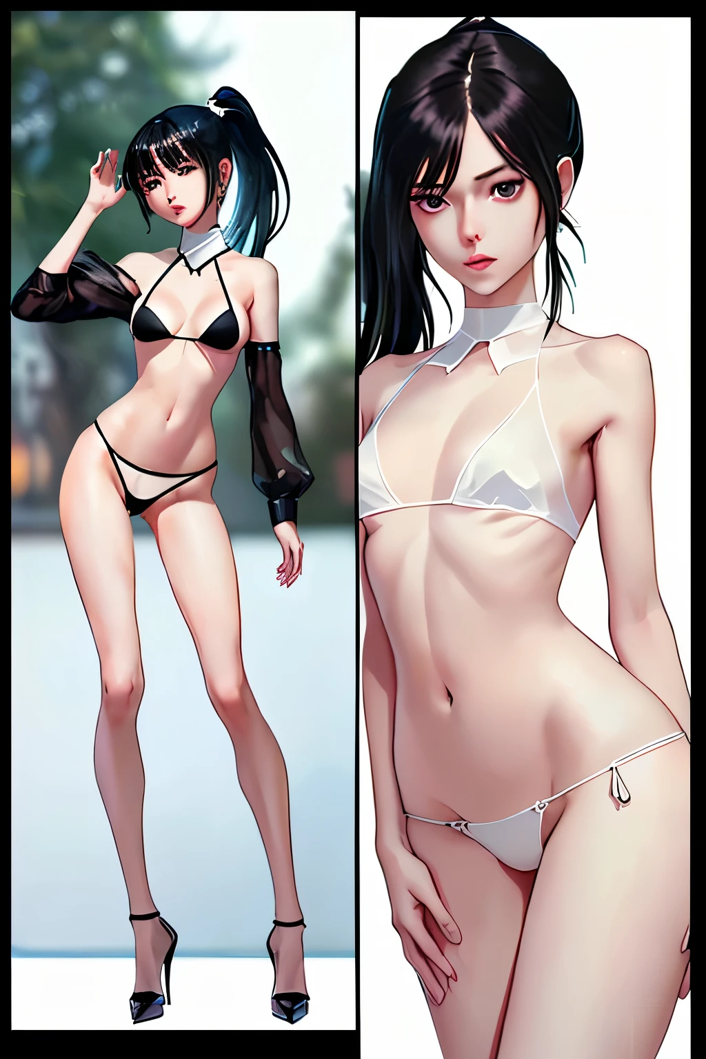 (Finest quality)),(A high resolution),(ultra-detailed art),(Meticulous portrayal),((Best Anime)),(Finest works of art),sharpness,Clear,Ultra-Precision Art,The art of astounding depiction,((female ninja)),
earings,
short Hair, purple hair, vibrant purple hair, extremely detailed hair, detailed bangs, with bangs, shoulder-length hair only,
pretty face, beautiful lips, soft lips,pretty face, close up face,serious face, pretty nose, beautiful nose,
pretty eyes, beautiful eyes, detailed eyes, perfect eyes, green eyes,
clear skin,white skin, soft skin, small bust,
korean girl, korean beauty, irene, red velvet irene,
ninja, female ninja, ninja clothing, detailed ninja clothing, ninja armor, ninja suit, turtle neck, short sleeves, arm sleeves, expose upper arm,
looking at camera,
standing, cool pose, hide breasts, full body, whole body, nipple slip,
super low-angle shot, looking down, no background,looking at camera,