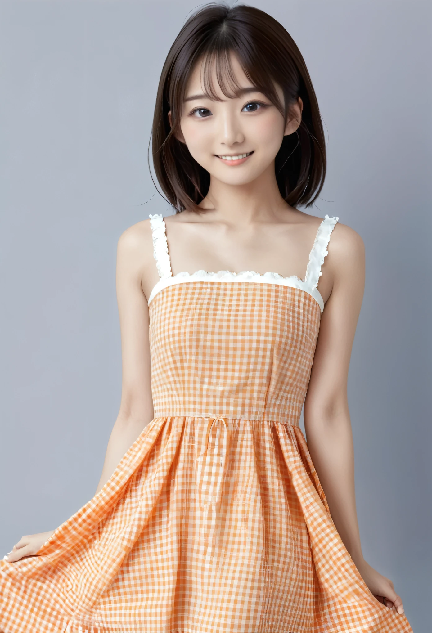 masterpiece , Best Quality , Japanese、Young、Cute face ,  symmetrical clear eyes:1.3) , Dimples、 Double Teeth Small Breasts 、Slender body、Vivid Prairie 、 Orange and White Plaid Dress、 fun vibe、Open your hands