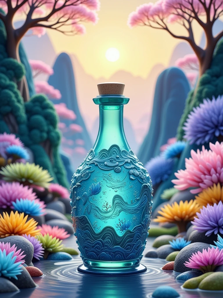 masterpiece，high quality，Best quality，aesthetics，Sculpture，Product photography，Glass bottles surrounded by jade landscape，Ceramic Sculpture Glass Bottle，Transparent water，Chinese 3D landscape painting background，Complex Sculpture Background，Chinese Song Dynasty Landscape Painting，Blue Theme，Surrealistic dream style，Organic fluid，Ray Tracing，Colorful flowers，Flower foreground occlusion，Natural light，jungle，C4D，OC Rendering