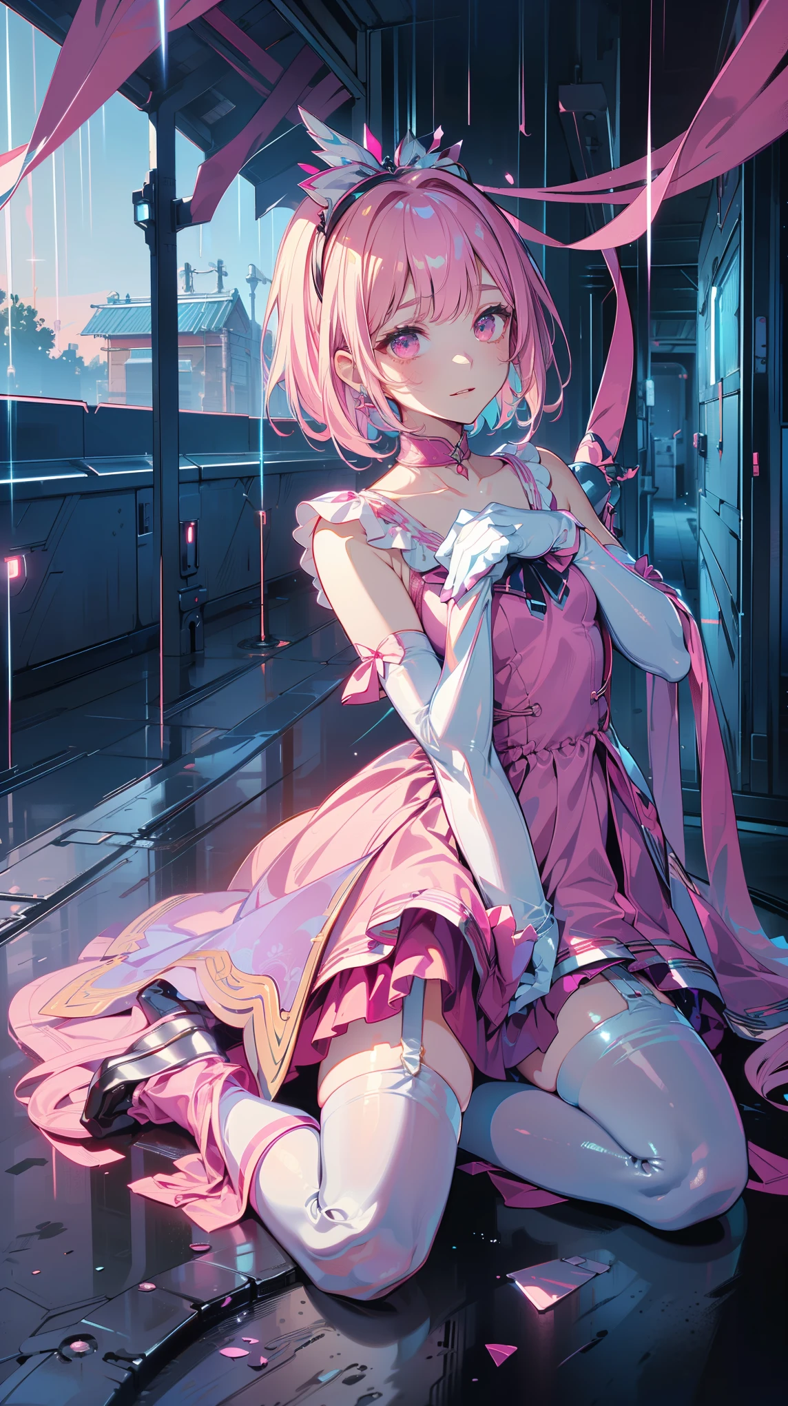 (Highly detailed eyes), (((Fabric Shading))), (((Please redeem))), (((Tabletop))), (((Supene CG))), Written boundary depth, , (((Magical Girl))), (small), (small breasts), Pink Hair, ((short hair)), Pink Eyes, (((Pink satin dress, Sleeveless satin dress))), Pink satin skirt, Pleated skirt, ((Elbow Gloves)), Long gloves, White satin gloves, White garter belt, White satin knee socks, White satin color, Pink satin ribbon on chest, (((Highly detailed and super shiny satin garment))), (((Ultra-shiny, smooth satin gloves))), (((Game CG))), ((Nearby sky, Old ruins)), ((Heavy latex rain)), ((Narrow Passage)), (Manly, anger, discovery, side)