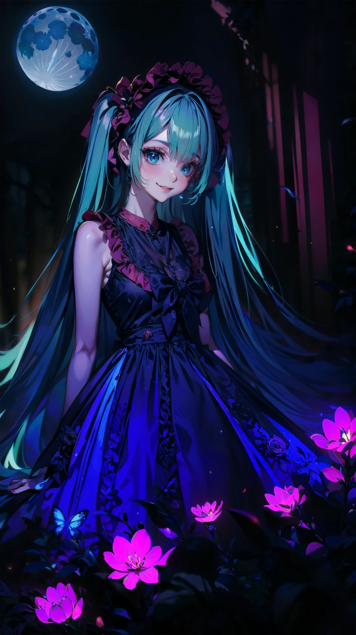 ,Dynamic Angle、 In the magical forest, A mysterious fairy girl appears, Light blue long hair、Twin tails、Adorable smile、The moonlight shines brightly. Her skirt, Woven with petals and stardust, Iridescent, Flowering Tree々Flapping among the glowing fireflies, The air resonates with a fantastic symphony of nature's whispers., Creating a field where dreams and reality intersect,Dance a dance of pure charm.