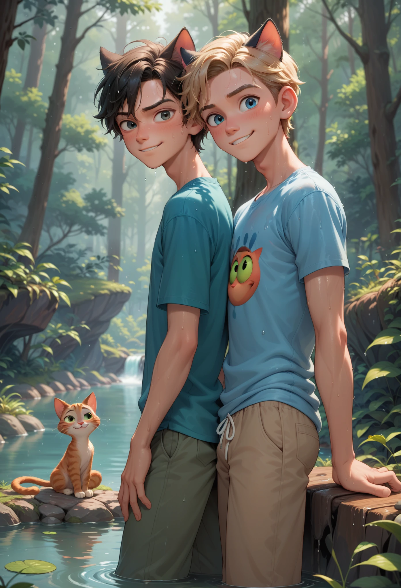 score_9, score_8_up, score_8, still wearing clothes and pants,disney pixar style, young boy, (cat ears on both people), sweating, wet, forest background, fit body, , river, flirty smile, blush, side view