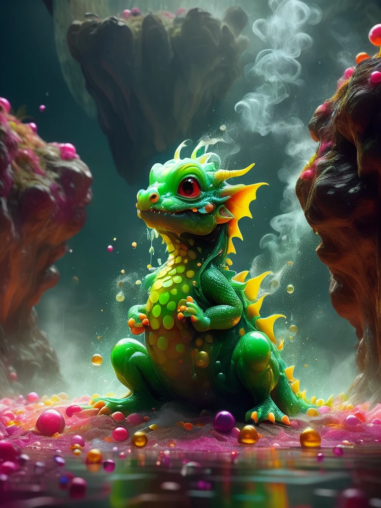 realistic photo of a little dragon, big eyes, just hatched, green skin, looking out of his egg, in a cave, photorealistic, hyperrealism, 64k, cinamatic light, smoke, bubbles, acidzlime 