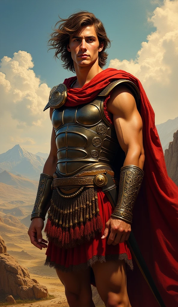 chiaroscuro technique on impressionist illustration of an masculine, 26-year-old Italian male model, handsome Roman, he is the god of war, he is Ares, Mars, evil-looking, strong look, light blue eyes, strong jawline, dressed as a gladiator, ancient gladiator, male gladiator skirt, matte painting, by Harumi Hironaka, extremely soft colors, vibrant, pastel, highly detailed, digital artwork, high contrast, golden dramatic, refined, tonal, an intimate, seductive studio setting with a focus on sensuality and romance. Utilize soft, warm lighting that bathes the space in a gentle, inviting glow. Incorporate luxurious fabrics, plush furnishings, and a touch of decadence to evoke an opulent ambiance. titan body