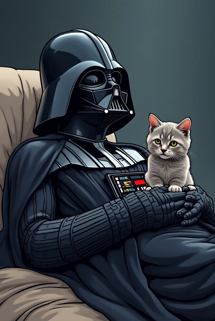 Darth_Vader holding a cute kitten in each hand, com uma nave espacial ao fundo