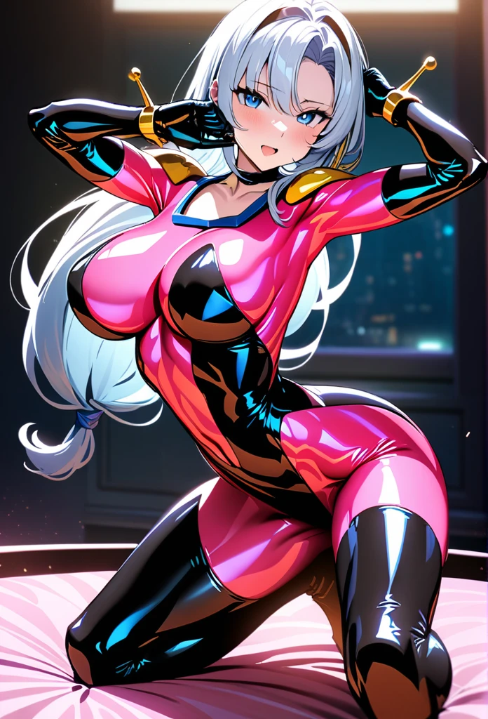 (masterpiece, Best quality:1.5), (Super detailed, high resolution, 8K, Beautiful details, Ultra HD, Best Anatomy), 1 cute girl, White hair, Medium chest, Full body suit, emulsion, Shiny clothes, Steamy space lewd sexy pose gravure　(Clearly depict the eyes) Happy dance,Long hair, 