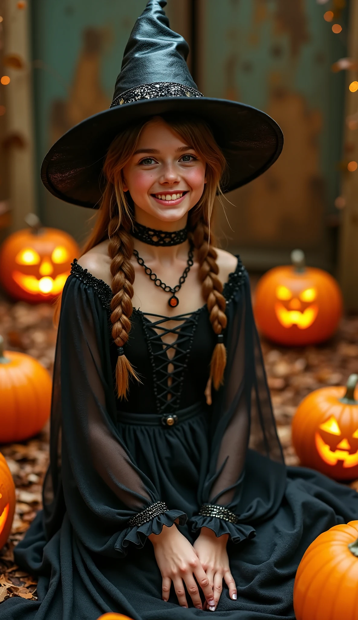 (Best Quality、masterpiece、 High Resolution )、(((Ultra-realism、Realistic photos、RAW Photos)))、Jack-o-lanterns and women、 teenager、One Girl、Witch Cosplay、smile:0.2、