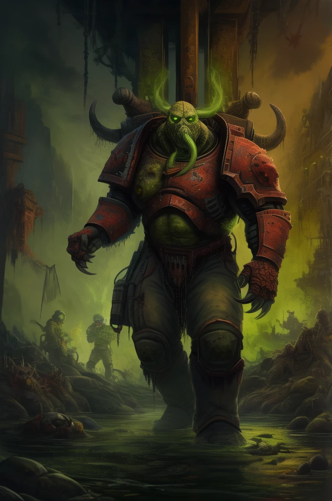 THEPIT, warhammer 40k imperial guardsman, red armor, light armor, shirt, tactical pants, soldier, modern ry, rotting, plague, pox, disease, claws, green glow, knee deep water, toxic water, (masterpiece:1.2) (illustration:1.2) (best quality) (detailed) (intricate) (8k) (HDR) (wallpaper) (cinematic lighting) (sharp focus)(highly detailed face) 