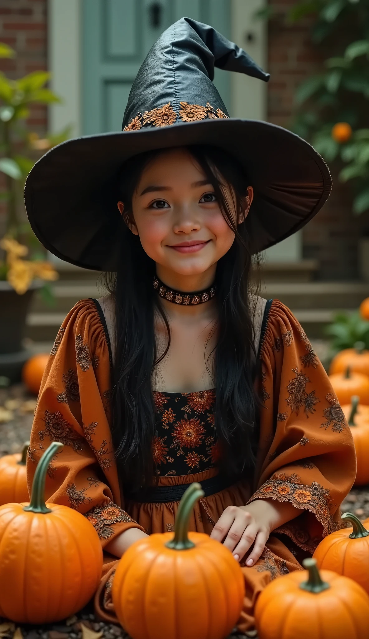 (Best Quality、masterpiece、 High Resolution )、(((Ultra-realism、Realistic photos、RAW Photos)))、Jack-o-lanterns and women、 teenager、One Girl、Witch Cosplay、smile:0.2、