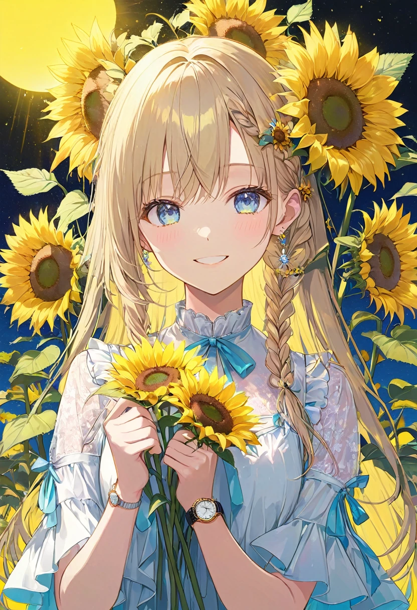  one woman smiling , sunflower hair ornament ,blue eyes,Blonde,Long Hair,Put the braids on your shoulders , holding sunflowers , holding sunflowers floating on her hands ,Neon yellow light ,Shine,The background is a cherry tree,Senbonzakura masterpiece ,Best Quality,Exquisite,8k, absurd,Ultra-detailed illustrations,(Watch the audience)