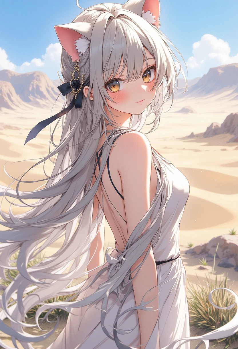 Masterpiece, top quality anime illustration, super detailed, one girl, solo focus, beautiful girl with silver hair cat ears, anime loli, cat eared loli, thigh emphasis, god Bastet, bathing in desert oasis, wet sheer