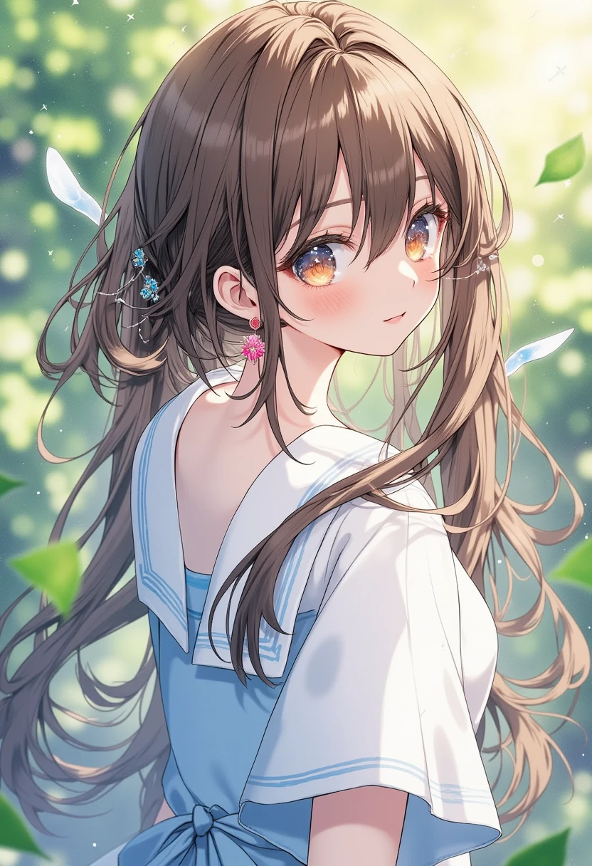 beautiful girl: 1.3),1girl,masterpiece, Highest quality, Ultra-high resolution,rich contrast,super high quality,8k,Highly detailed CG unit wallpaper,texture,Incredibly absurd,Ultra-high resolution,RAW Photos,Depth of Field 1.2,(White Sailor Suit&Light blue skirt),Brown Hair,two side up,Ultra-detailed eyes,sensuous,Glowing Skin,Glitter effect,Beautiful glossy lips,loafers,leaves dripping with rain,sunlight through trees,post-rain aroma,Sigh,look up,(wet),(Large Breasts),After the Rain,focus on lips, Front close-up shot,Natural Makeup,Earrings