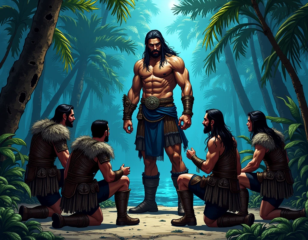 Arte por John Buscema similar. selvagem,homem guerreiro, sem barba,cabelos negros compridos,olhos escuros sombrios,manly,usando armadura masculina celta, wearing sandals,standing with a sharp axe in his left hand ,Standing in front of a group of warrior Amazons(apenas mulheres)o cercando