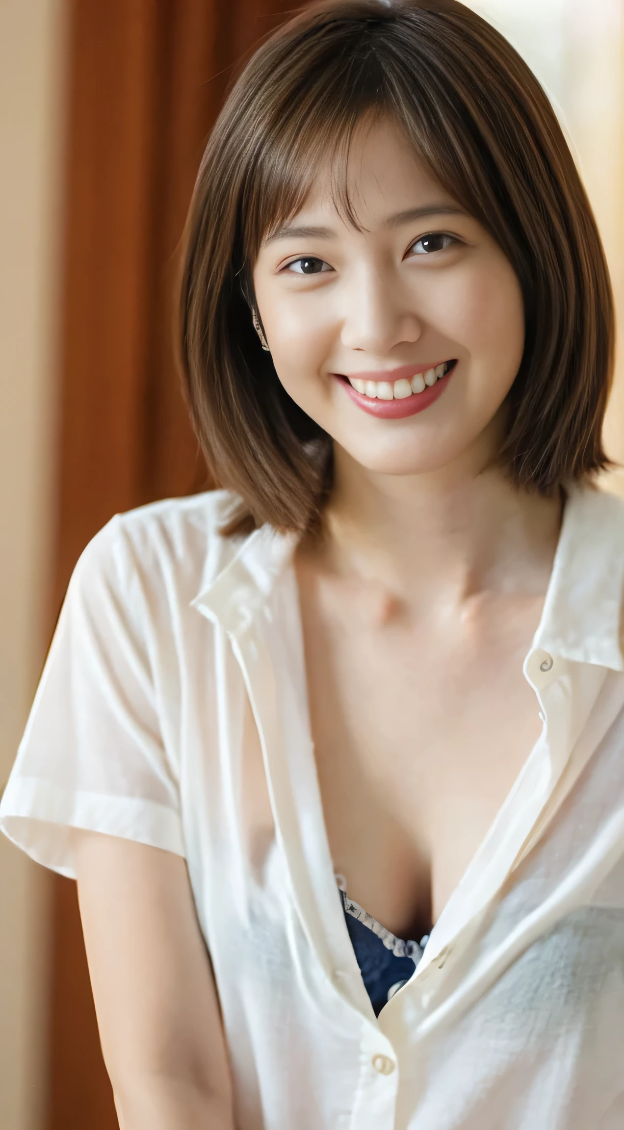 munechira、Down blouse、The focus is on the breasts、((Realistic skin types))、(Leaning forward:1.2)、(Oversized shirt、Loose fitting shirt、Low-cut shirt:1.1)、(Highest quality、8K、32k、masterpiece)、(Detailed bra)、Japanese、24-years-old、Very cute girl、Beautiful girl、squat、Bright smile、Bright room、Blurred Background、Upper body close-up