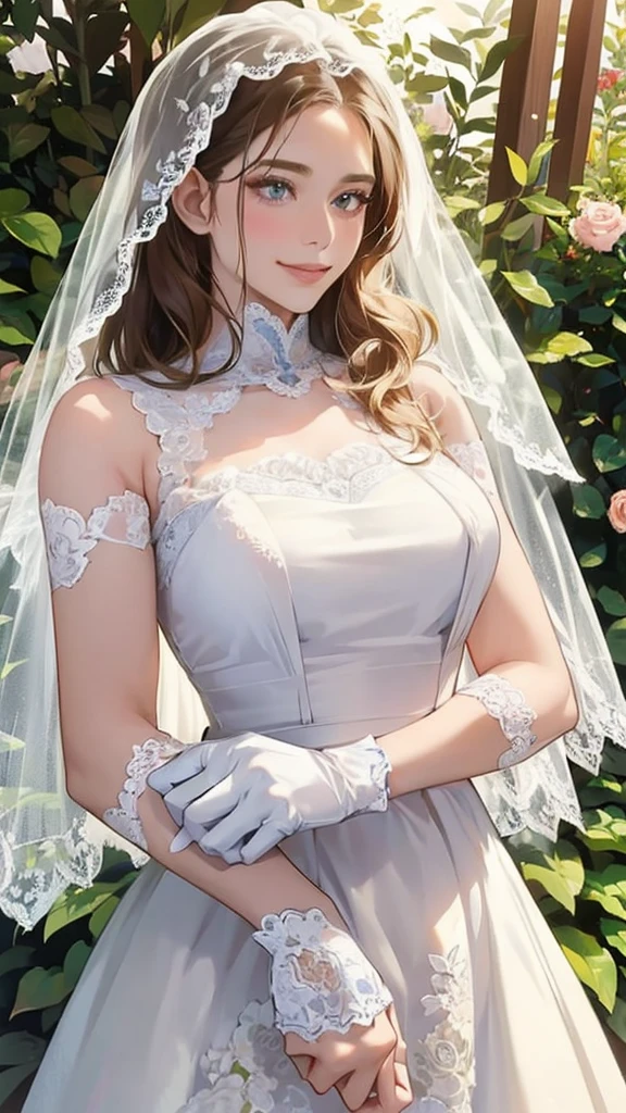 (masterpiece, Best Quality, beautiful、Midea:1.3), Looking at the camera, One Girl, Alone, A light smile, (Long Hair, Light beige hair),  Octane Rendering , Lace neck top, Bridal Veil , lace trim dress, See-through,  wedding dress, Big Breasts:1.5,Outdoor, White Rose, garden, morning, standing,  very detailed, Lace gloves, Delicate Lace 