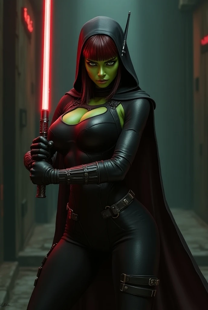 (((green skin)), Twiwilek), Dual Red Lightsaber, Evil Space Knight, Space Ninja, (Wearing a heavy black robe, Black Stealth Armor, breastplates, tunique, tabard, cowl, cloaks, Body gloves, lanyard, buckles, skirt by the, Long sleeves, Fantasy, ((armor))), ((busty), Slender body, Thin, Slim sexy body, Slim waist, Huge breasts), Imperial Spaceship, StarWars,