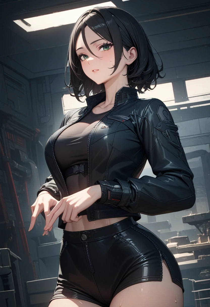 masterpiece,best quality,high resolution,8k,ultra HD,wallpaper,illustration,perfect face,cowboy shot,beautiful detailed eyes,extremely detailed face,perfect lighting,extremely detailed CG,perfect anatomy,perfect body,perfect hands,perfect fingers,1woman,full body,,muscle fighter body,black  hair,green eyes,large breasts,Medium ass,,(black  jacket ),black short hot pants,clothed,,collarbone,,looking at viewer,(),Steam,sweat,home,(Zenless Zone Zero character Jane Doe),adult