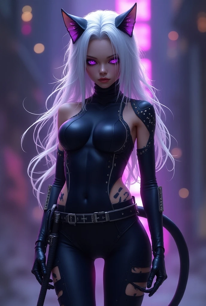 1girl, cat girl, opposite character coloring pattern, white long hair, dark purple inner hair, full body, black sci-fi suit with metallic inserts, tight suit, medium chest, sci-fi styled ear covers, cosmic background, detailed face, heterochromia, slit pupils, mechanical sci-fi styled tail, mechanical sci-fi styled facemask, sci-fi katana on the belt, anime styled art,  highly detailed, hyper realistic, 8k, photorealistic, masterpiece, cinematic lighting, volumetric lighting, chiaroscuro, vibrant colors, dramatic lighting, ultra detailed, award winning, intricate details, studio quality, sharp focus, concept art, digital painting, science fiction, futuristic, cyberpunk