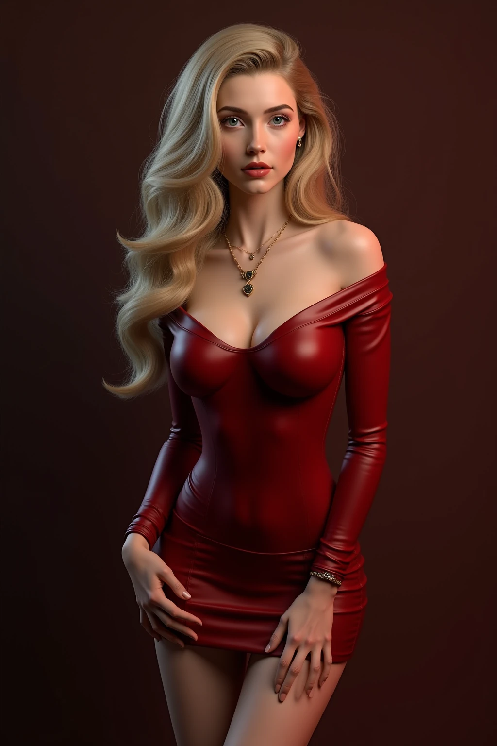 a beautiful woman in a red spaghetti strap dress, long black coat, detailed face, stunning eyes, luscious lips, gorgeous figure, flawless skin, dynamic pose, dramatic lighting, cinematic composition, vibrant colors, oil painting, photorealistic, hyper detailed, 8k