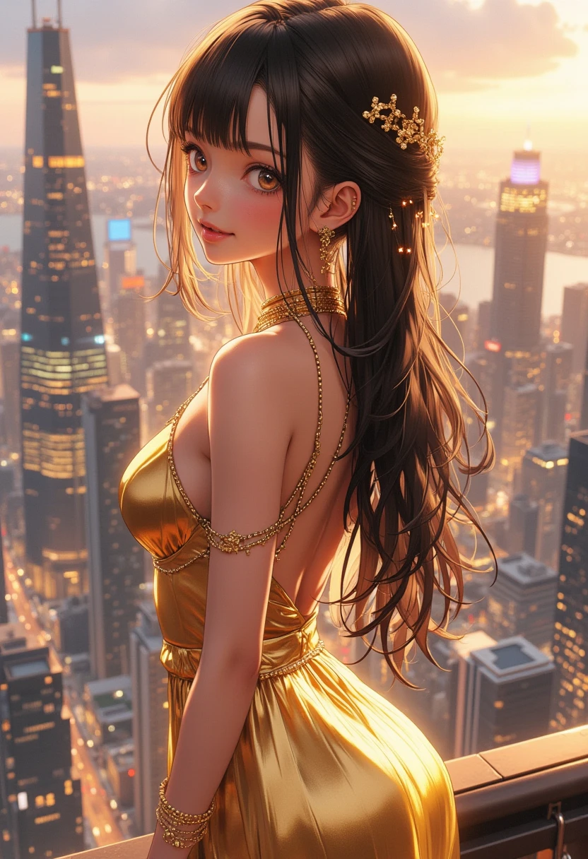 Straight Hair、Brown Hair,((Highly detailed golden sexy dress)), Looks about , (beautiful girl: 1.3),1girl,Highest quality,8k,Highly detailed CG unit wallpaper,masterpiece:1.2,Highest quality,Ultra-high resolution,RAW Photos,Realistic textured skin,Cinema Lighting,happy,Big eyes,Detailed eyes,Glossy lipstick,Perfect Makeup,Ultra-high definition beauty face,Huge building,Metropolis,voluptuous,(Big, round and beautifully shaped butt),(Standing on the rooftop of a skyscraper in Cyber City),(Panoramic View),night,Detailed neon lights,(Are standing_Split),