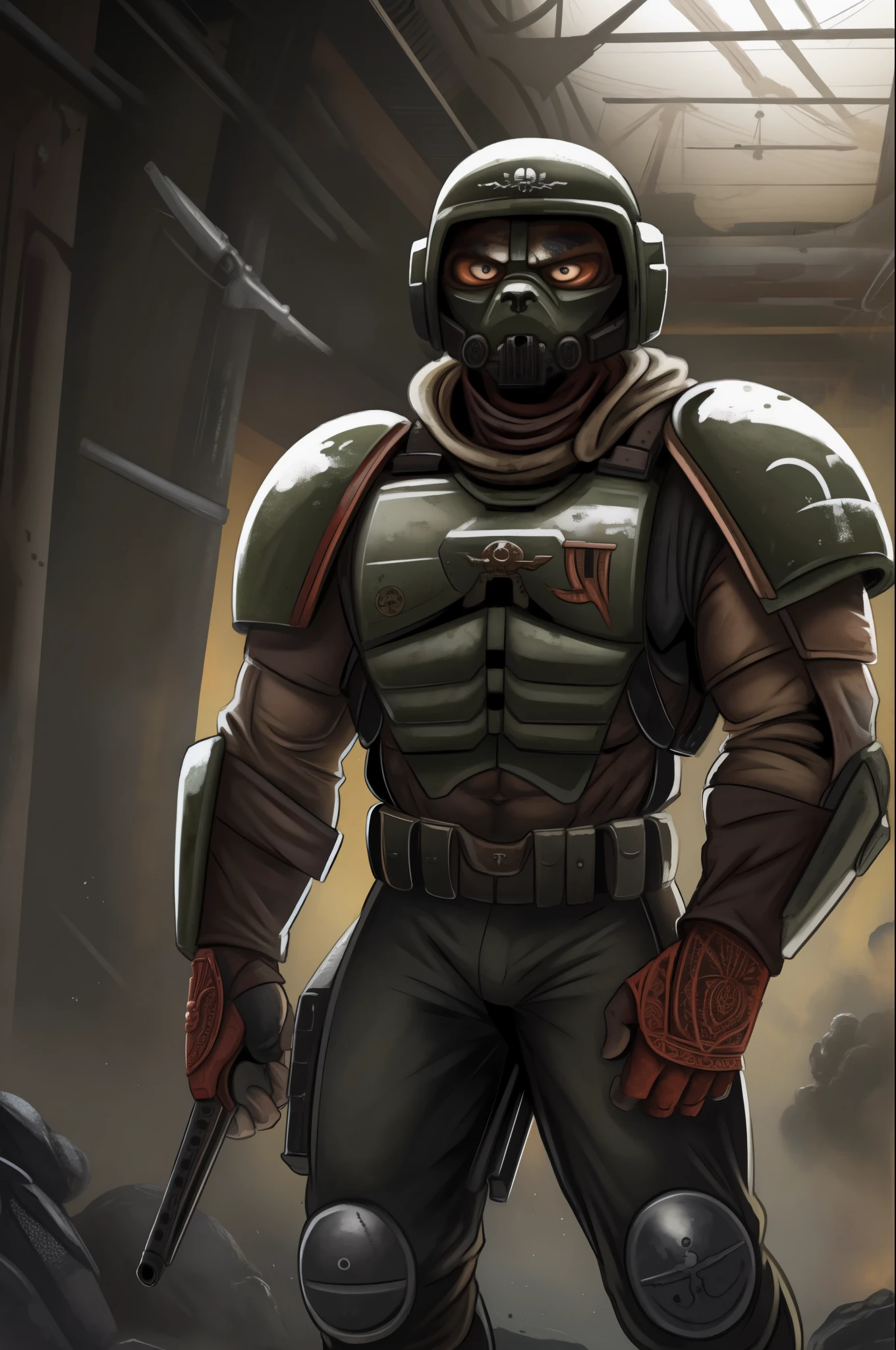 THEPIT, warhammer 40k imperial guardsman, red armor, light armor, shirt, tactical pants, soldier, modern, lithe body, (masterpiece:1.2) (illustration:1.2) (best quality) (detailed) (intricate) (8k) (HDR) (wallpaper) (cinematic lighting) (sharp focus)(highly detailed face)