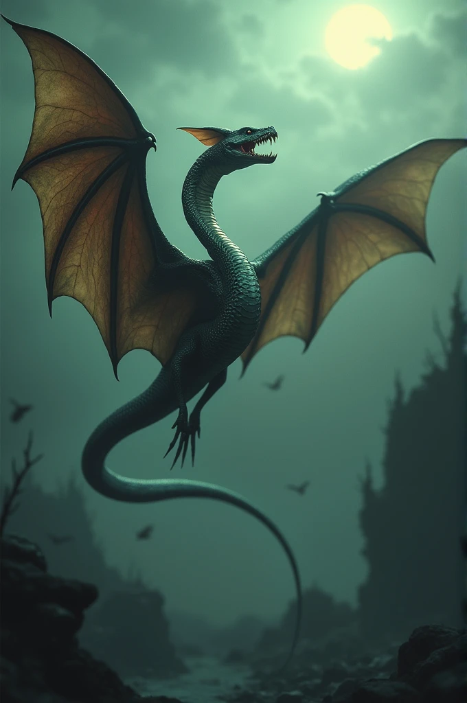 Photo of a dragon flying in the skies in full body, dark green two-legged dragon, with yellow eyes and is flying, with a dull sky background