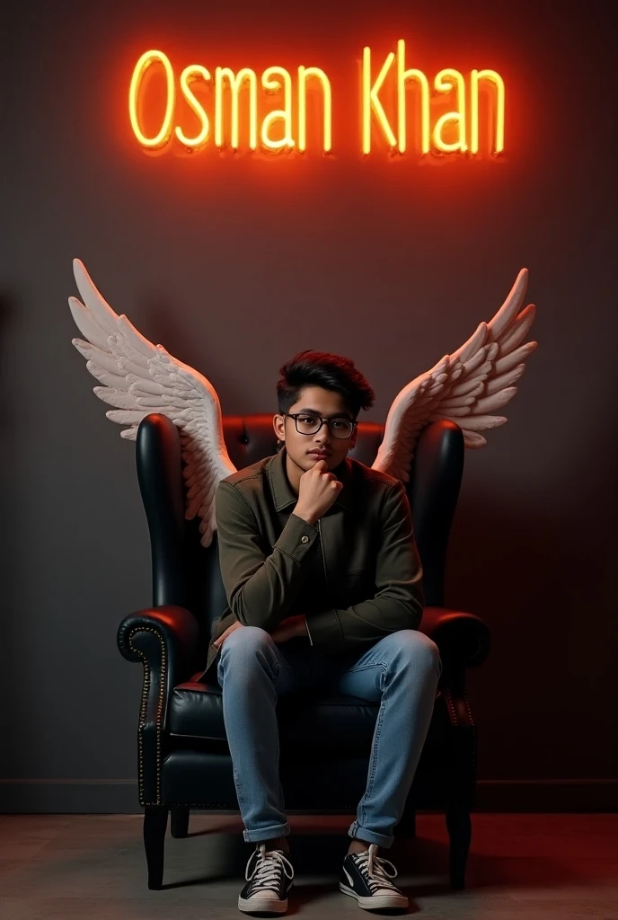 Create a 3D illusion for a profile picture where a 25 Year old cute boy in a white shirt Sitting casually on a Wingback chair. Wearing sneakers, he looks ahead. The background features "JAWAD" in big and capital Orange neon light fonts on the dark grey wall. There should not be his shadow, and there are wings to make it appear as if he is an angel