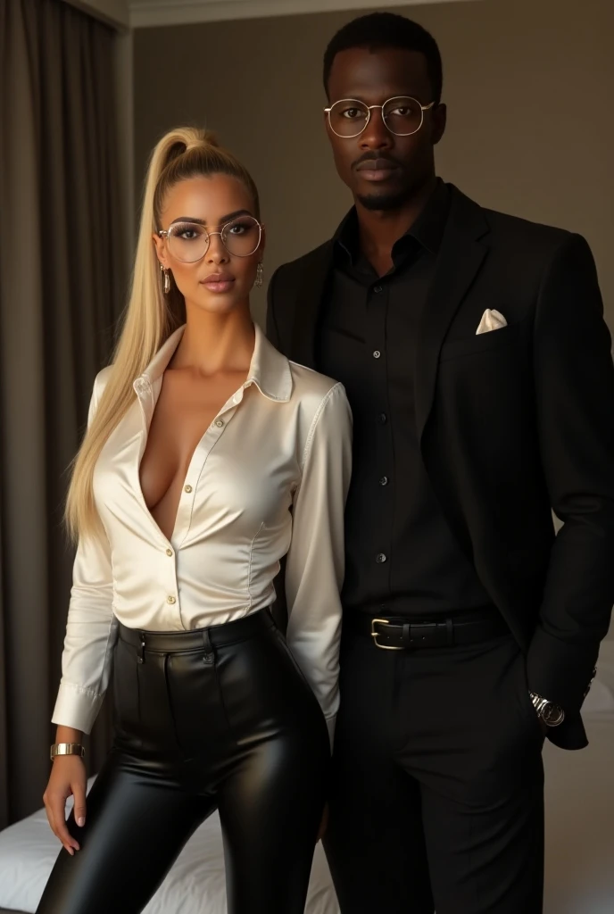 best quality, highres, ultra-detailed, realistic, dim lighting, boudoir theme, seductive expression, (full body image)) beautiful nude blonde girl, perfect face, (perfect body), black sexy underwear, (((no panties))), ((with an angry elderly black man in a dark suit)), high-res photography.