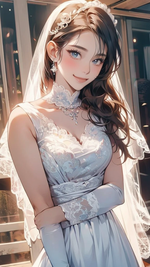 (masterpiece, Best Quality, beautiful、Midea:1.3), Looking at the camera, One Girl, Alone, A light smile, (Long Hair, Light beige hair),  Octane Rendering , Lace neck top, Bridal Veil , lace trim dress, See-through,  wedding dress, Big Breasts:1.5,Outdoor, White Rose, garden, morning, standing,  very detailed, Lace gloves, Delicate Lace 