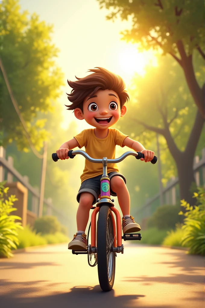 It was a sunny morning, Dear Kauan, an 11 year old, woke up with a smile on his face. Today was a special day — your birthday.. When he came down the stairs, was welcomed by his family with a gift wrapped in colorful paper. With eyes shining with anticipation, he tore the paper and discovered a brand new bicycle, with a shiny blue paint job and wheels that looked ready for any adventure.
Without wasting time, Kauan went to the park to test his new bike. The wind blew in his face as he pedaled with all his energy., feeling freer than ever. His friends soon joined him, and together they decided to go for a race. Kauan led the front, rindo e se divertindo. bet, in a curve, he Create an illustration based on the story above
