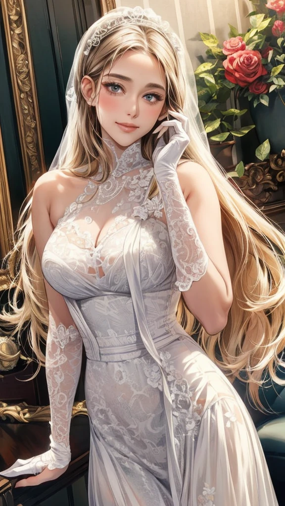 (masterpiece, Best Quality, beautiful、Midea:1.3), Looking at the camera, One Girl, Alone, A light smile, (Long Hair, Light beige hair),  Octane Rendering , Lace neck top, Bridal Veil , lace trim dress, See-through,  wedding dress, Big Breasts:1.5,Outdoor, White Rose, garden, morning, standing,  very detailed, Lace gloves, Delicate Lace 