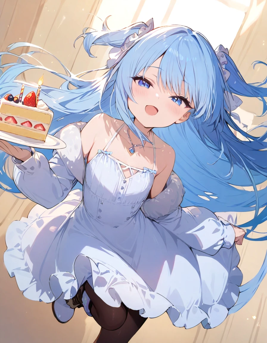 ((masterpiece, best quality, extremely detailed, absurdres)),, masterpiece, best quality, extremely detailed, ((((((light blue long hair)))))), long hair cute anime faces,detailed light,parted lips,shiny、beautiful detailed face,,longhair、(((( light blue long hair)))),,, , 1girl, solo, flat chest, blush, bangs, caramel、Perfect beautiful woman,masterpiece, best quality, ,flat chest, (flat chest),(masterpiece, best quality:1.3)
1girl, solo, long hair, looking at viewer, blush, smile, open mouth, ,  long sleeves, dress, holding, ,  jewelry, standing, heart, pantyhose, boots, food, necklace, two side up,, ,tanding on one leg, background, plate, happy birthday, cake, birthday, fur-trimmed boots, birthday cake,****ta-clothing