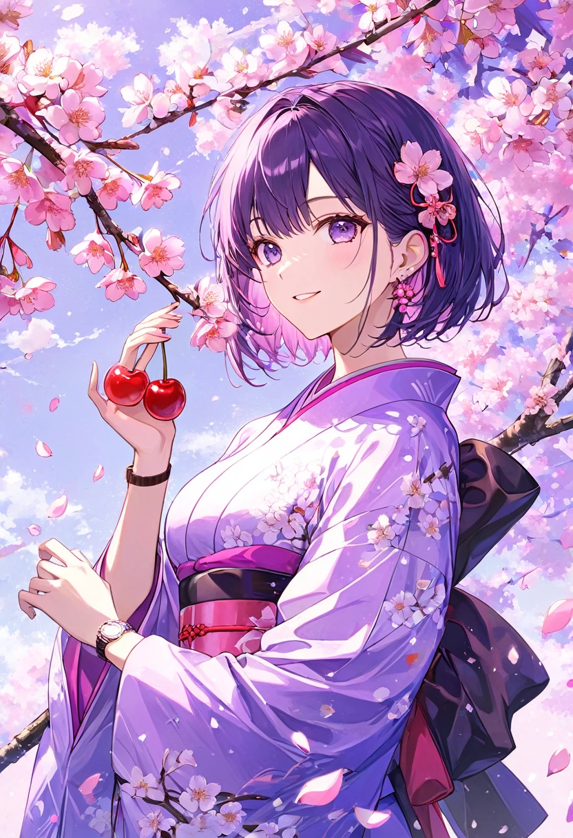  one woman smiling , a woman holds a cherry branch,Neon Pink, holding it in the palm of your hand ,Purple Hair,Short Bob,Long sideburns,Purple kimono,Purple Eyes,The background is a cherry tree,A masterpiece with scattered petals ,Best Quality,Exquisite,8k, absurd,Ultra-detailed illustrations,(Watch the audience)