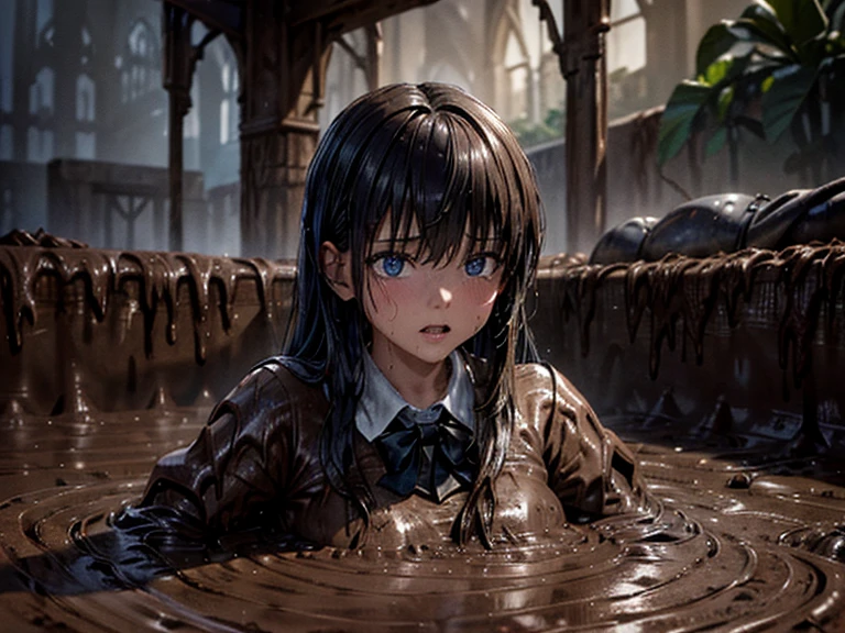 girls, Slightly High Resolution , tears, Wet, Student Uniform, uniform, dark, Sink, blue Swamp, Sink, Drowning, Sticky, Muddy, Sticky, (Best Quality,4K,8k, High Resolution ,masterpiece:1.2),Ultra-detailed,(Realistic,photoRealistic,photo-Realistic:1.37),(Complex,Advanced Details:1.4), dramatic lighting,Whimsical atmosphere,(dark fantasy,gothic:1.2),dramatic,dark, mud