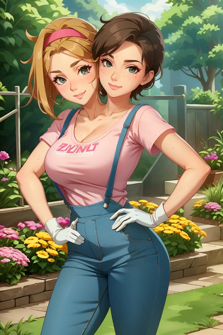 2heads, a tall thin woman with two heads. She is outside in a garden, she is gardening. She is very tall. She is very skinny. She has short ginger hair in a bun. She looks mature. She has very thick full lips. She is wearing overalls with a pink T-shirt underneath, and gardening gloves. Blue flare jeans, brown boots. She has freckles. She is wearing a bandana on her head. She is smiling. She is blushing. She looks sweaty and tired. Mature, milf. Flirty, flirtatious expression, flirty pose. Sweaty, sweating. 