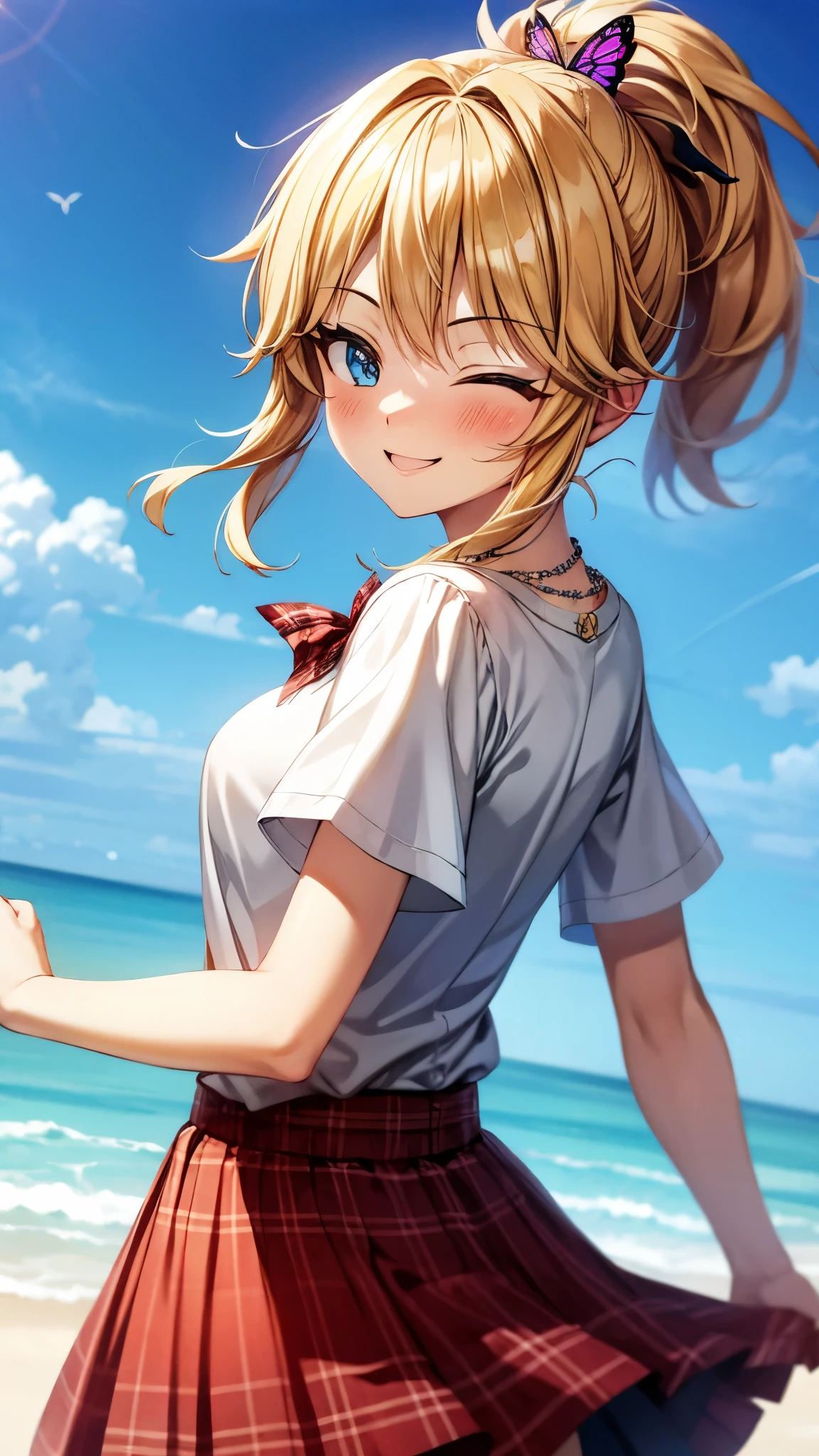 （super high quality, super high definition,16k,super masterpiece,Ultra HD ,Detailed shading and background,）One Girl, ponytail, Purple Swallowtail Butterfly Barrette and Necklace ,（A short-sleeved white cutter shirt that is unbuttoned and unfolded to stand,）red plaid mini skirt , embarrassed smile,blush,Blue sky and sand beach where you can see the sunset , hair and skirt lifted in the wind , face directly and hold your hair with one hand,slouch,