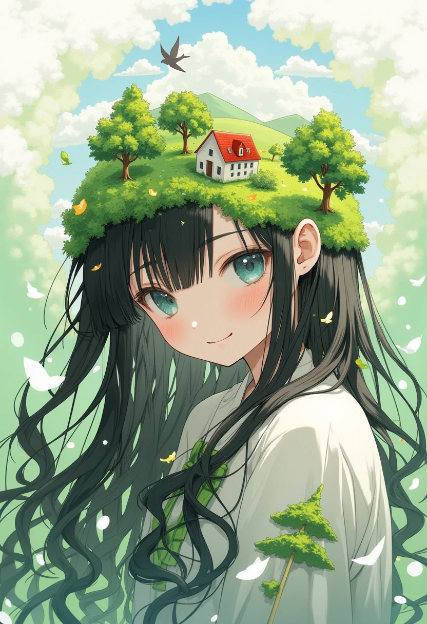 ((long shot:1.8)), (masterpiece, best quality:1.2), 1 girl, alone, Girl&#39;s head decorated with whimsical house illustration, swallow, Trees and hills in green tones, Evoke the charm of charming rural landscapes. The background blends in with her hair, Exudes tranquility，Create a harmonious composition，Capture the beauty of nature. Illustration symbolizing harmony between humans and the environment, focus on face.