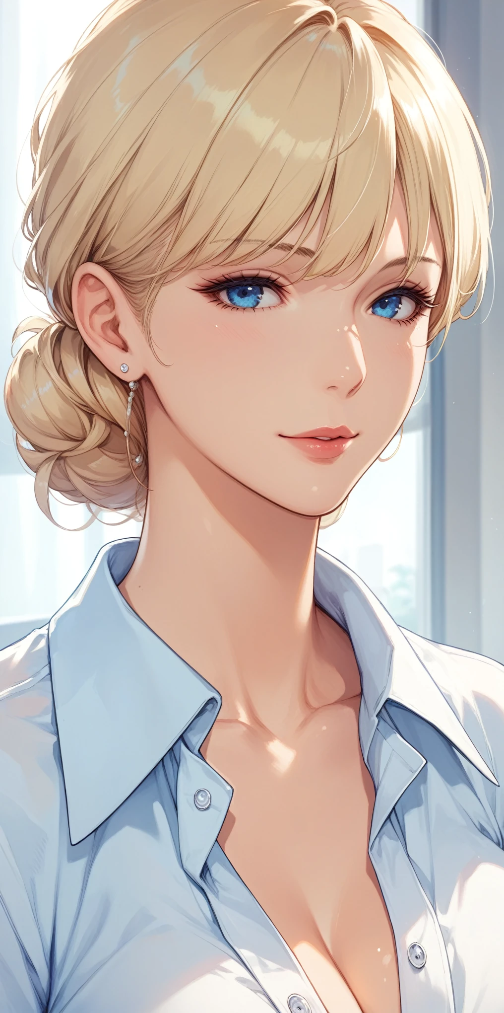 score_9, score_8_up, score_7_up, blonde, chignon hair, blue eyes, perfect eyes, anime lady, elegant mature woman, cool facial expression, office shirt, soft light