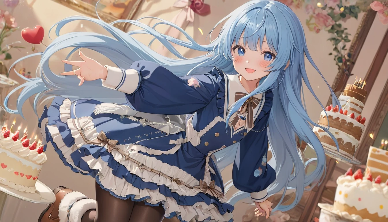 ((masterpiece, best quality, extremely detailed, absurdres)),, masterpiece, best quality, extremely detailed, ((((((light blue long hair)))))), long hair cute anime faces,detailed light,parted lips,shiny、beautiful detailed face,,longhair、(((( light blue long hair)))),,, , 1girl, solo, flat chest, blush, bangs, caramel、Perfect beautiful woman,masterpiece, best quality, ,flat chest, (flat chest),(masterpiece, best quality:1.3) 1girl, solo, long hair, looking at viewer, blush, smile, open mouth, , long sleeves, dress, holding, , jewelry, standing, heart, pantyhose, boots, food, necklace, two side up,, ,tanding on one leg, background, plate, happy birthday, cake, birthday, fur-trimmed boots, birthday cake,****ta-clothing
