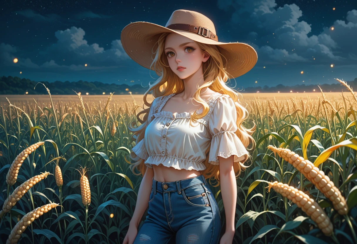 (masterpiece, highest quality), (1girl, solo, (standing)), (girl is (blonde long hair), perfect body, (detailed olive eyes), (wearing (denim short), blouse, hat )), (corn crop field, night)