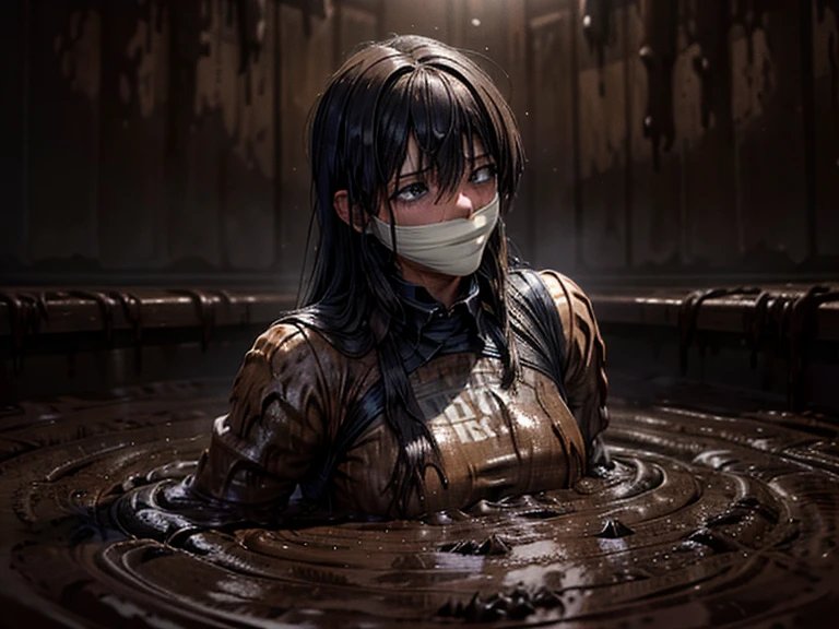 girls, Slightly High Resolution , tears, Wet, Student Uniform, uniform, dark, Sink, blue Swamp, Sink, Drowning, Sticky, Muddy, Sticky, (Best Quality,4K,8k, High Resolution ,masterpiece:1.2),Ultra-detailed,(Realistic,photoRealistic,photo-Realistic:1.37),(Complex,Advanced Details:1.4), dramatic lighting,Whimsical atmosphere,(dark fantasy,gothic:1.2),dramatic,dark, mud, gag